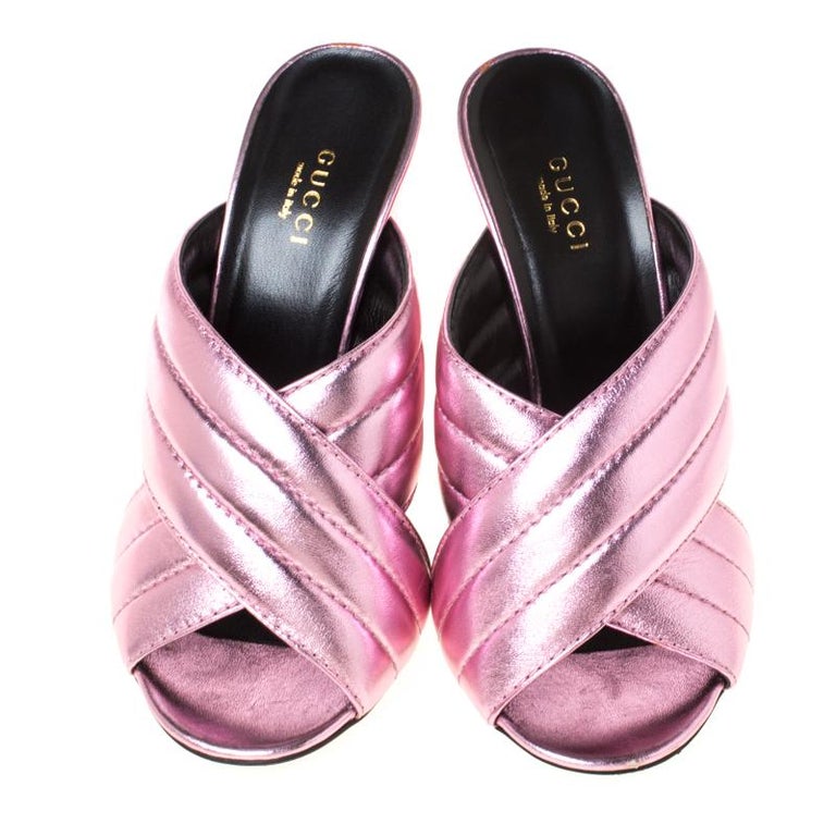 Gucci Metallic Pink Leather Sylvia Crossover Mules Size 37 at 1stDibs | gucci  sylvia, metallic pink mules