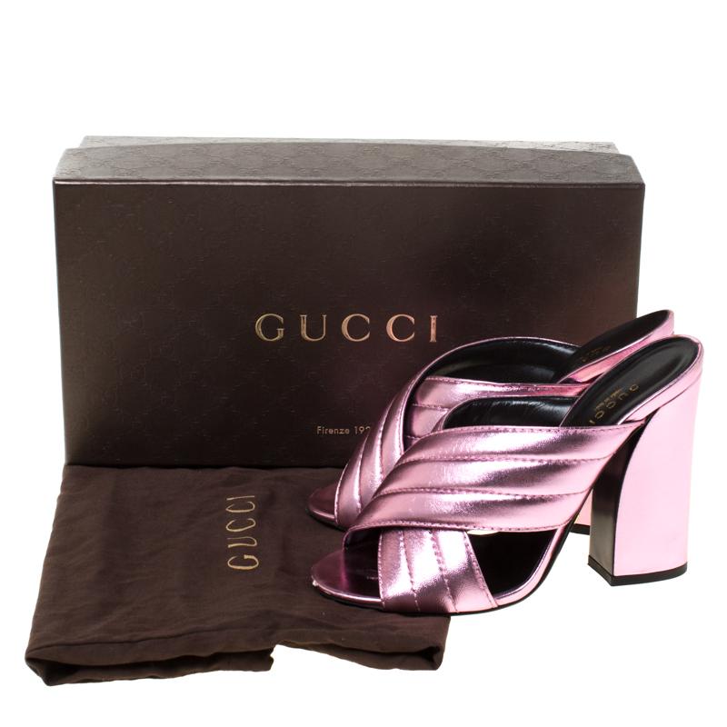 Gucci Metallic Pink Leather Sylvia Crossover Mules Size 37 1