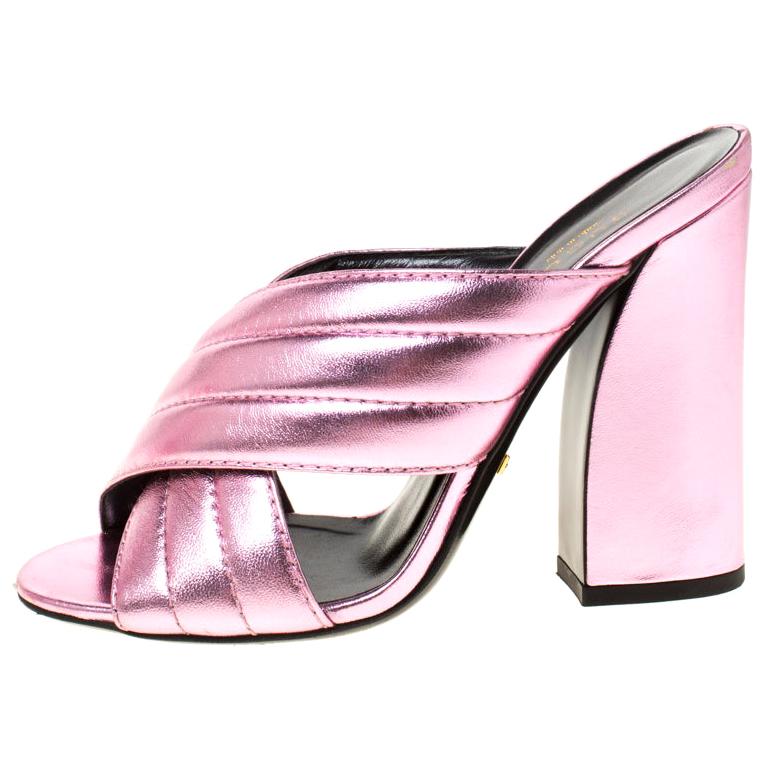 Gucci Metallic Pink Leather Sylvia Crossover Mules Size 37 at 1stDibs |  metallic pink mules