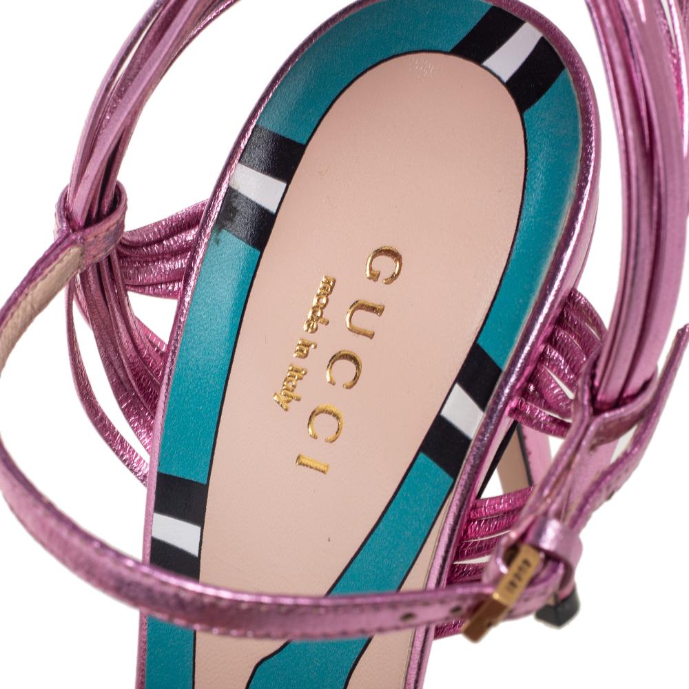 Beige Gucci Metallic Pink Strappy Leather Allie Knot Sandals Size 38