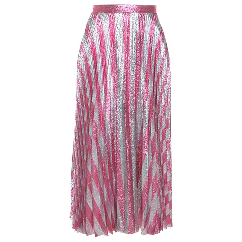 Gucci Metallic Pink Striped Pleated Midi Skirt M