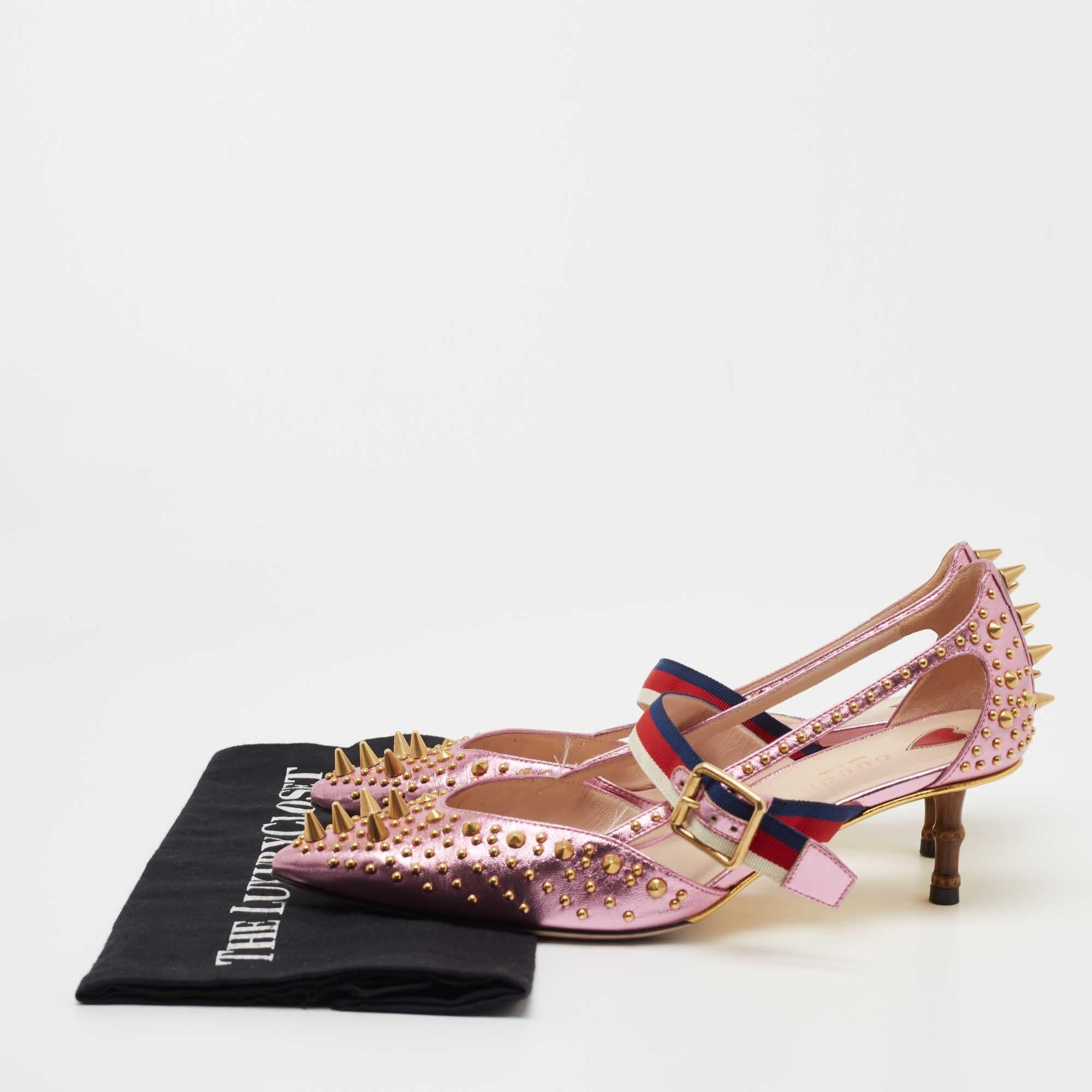 Gucci Metallic Pink Studded Leather Unia Mary Jane Pumps Size 38 5