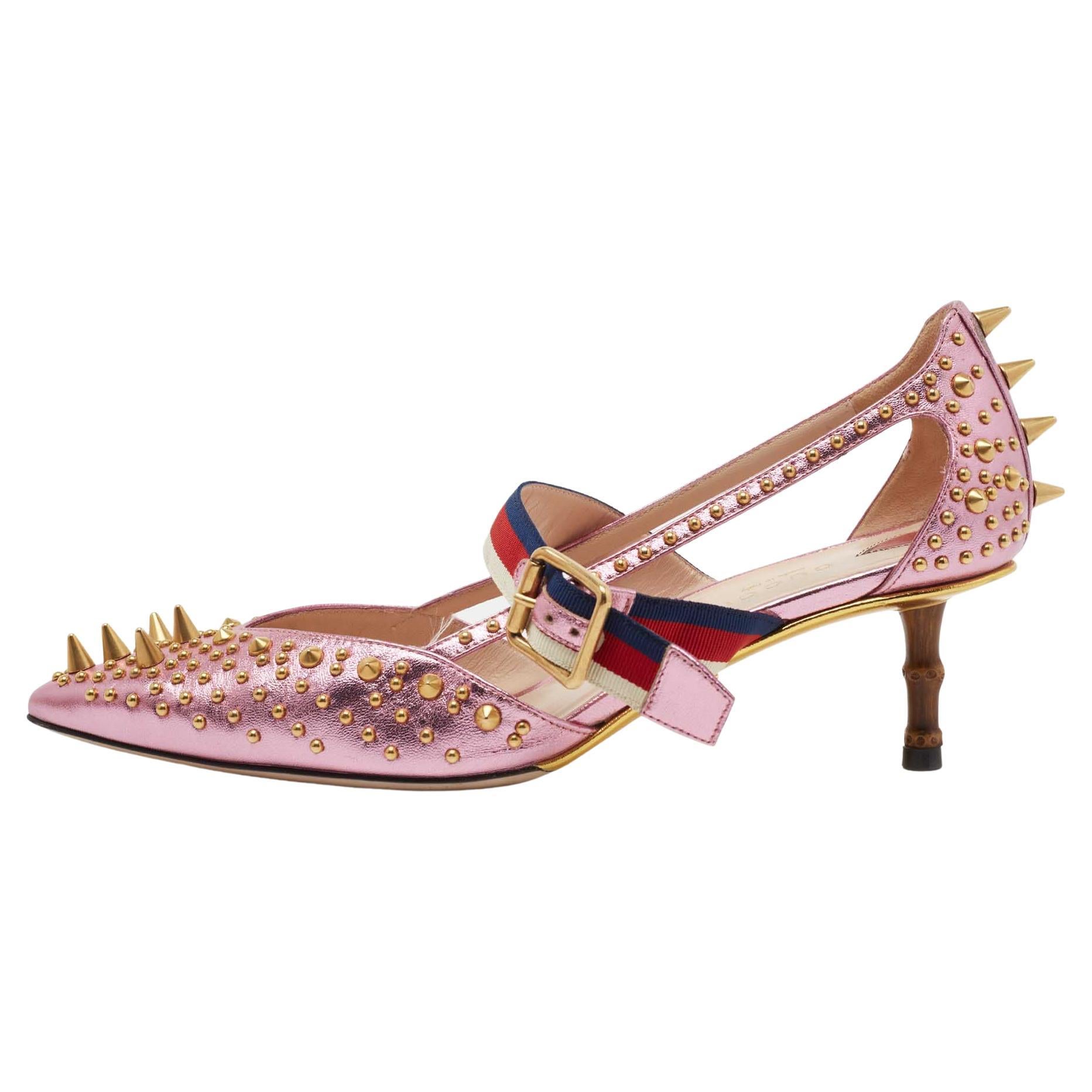 Gucci Metallic Pink Studded Leather Unia Mary Jane Pumps Size 38 For Sale  at 1stDibs
