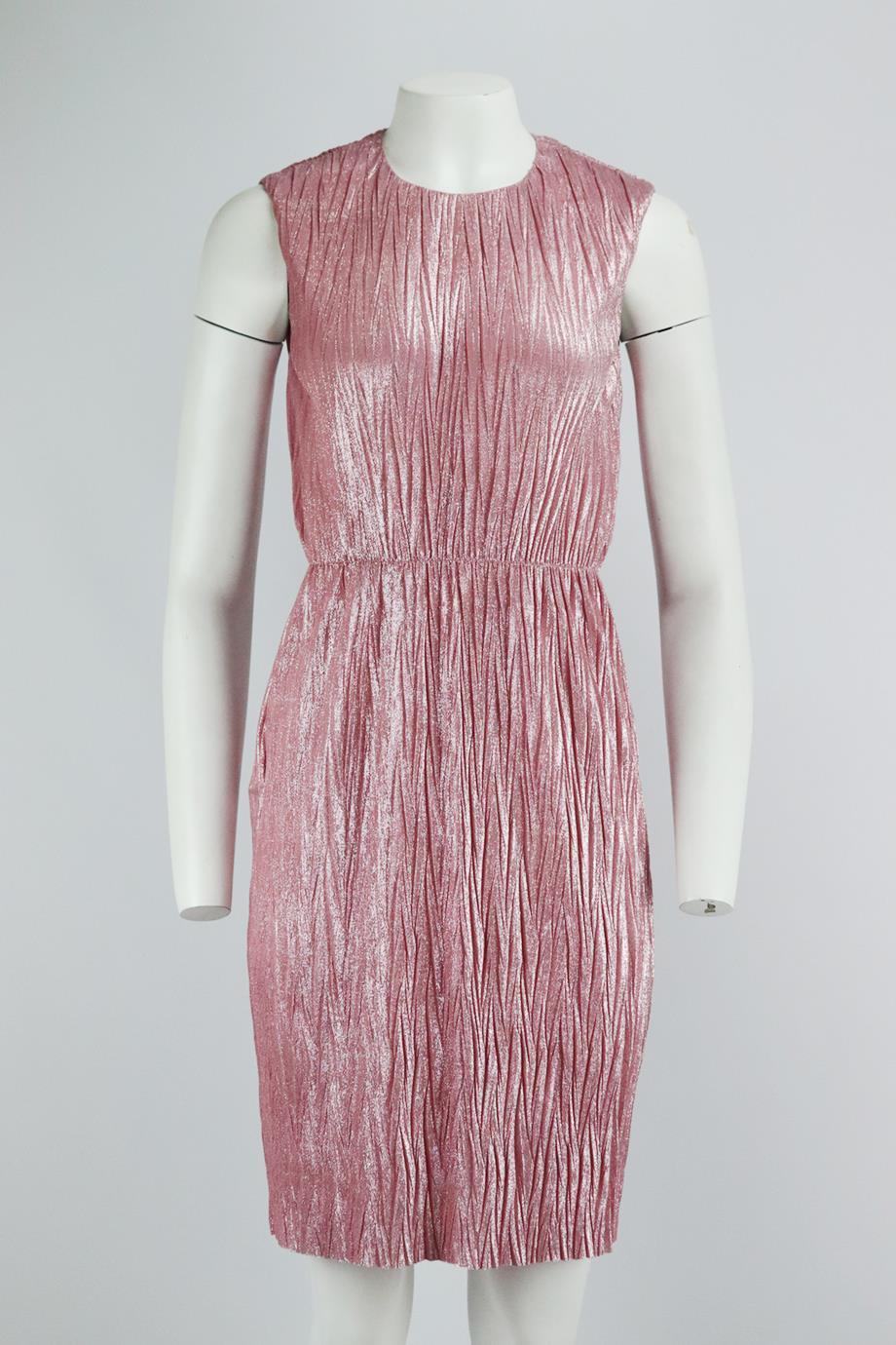 Gucci metallic plissé lame mini dress. Pink. Sleeveless, crewneck. Zip fastening at back. 38% Polyester, 37% rayon, 27% nylon. Size: Small (UK 8, US 4, FR 36, IT 40). Bust: 35 in. Waist: 26 in. Hips: 42 in. Length: 38.5 in. Very good condition -