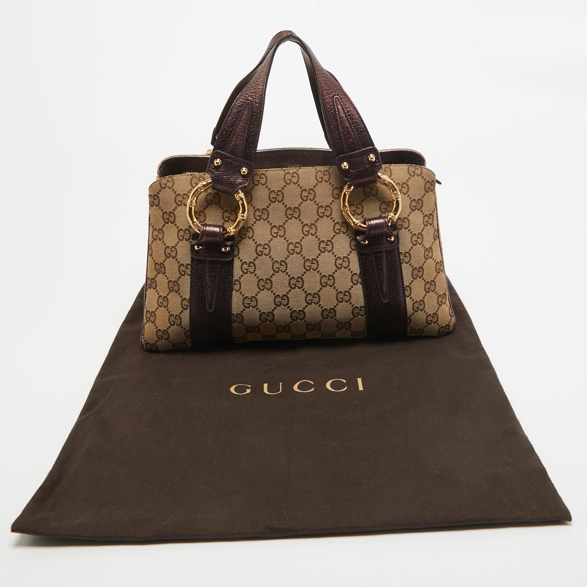 Gucci Metallic Purple/Beige GG Canvas Metal Bamboo Ring Bag 6
