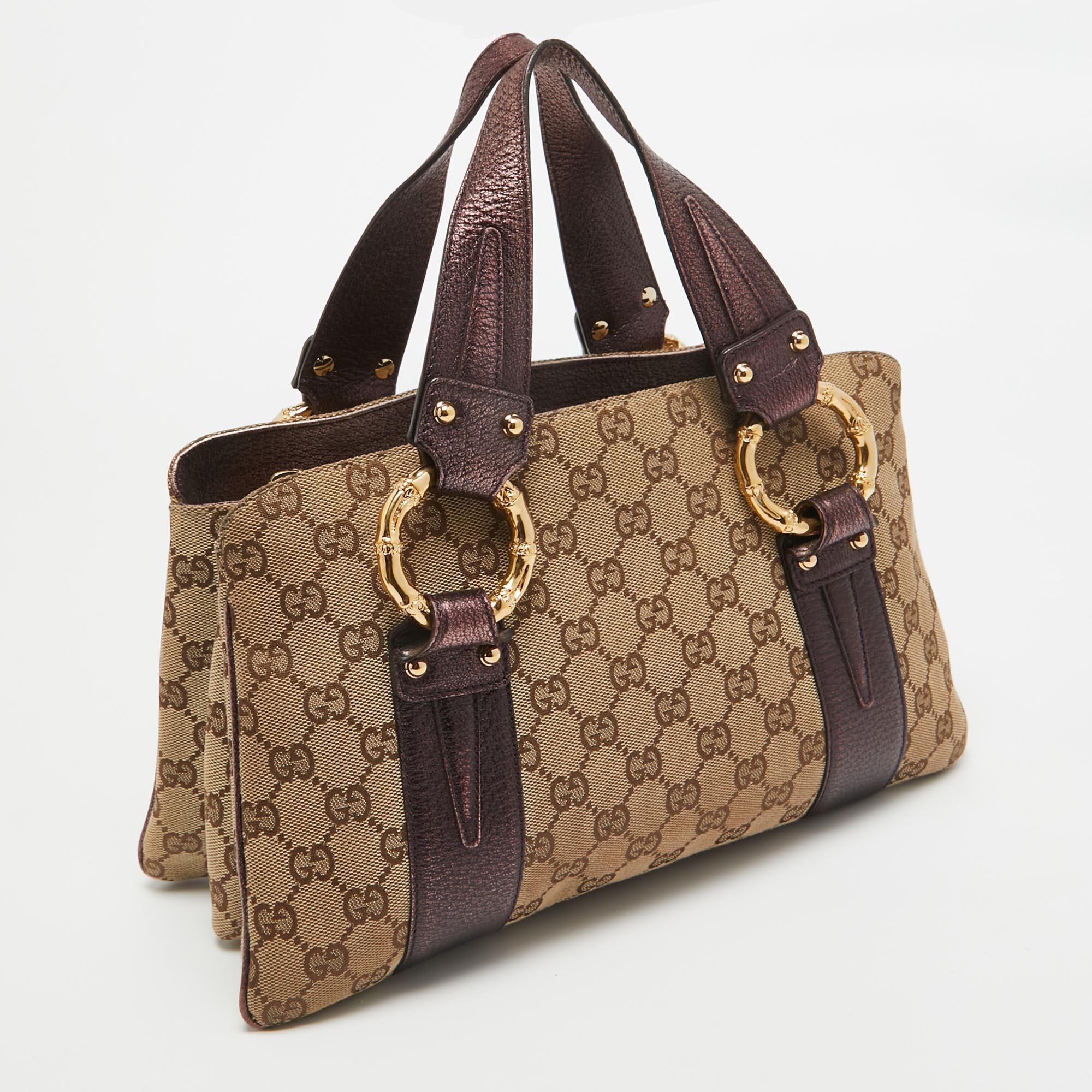 Gucci Metallic Purple/Beige GG Canvas Metal Bamboo Ring Bag In Good Condition In Dubai, Al Qouz 2