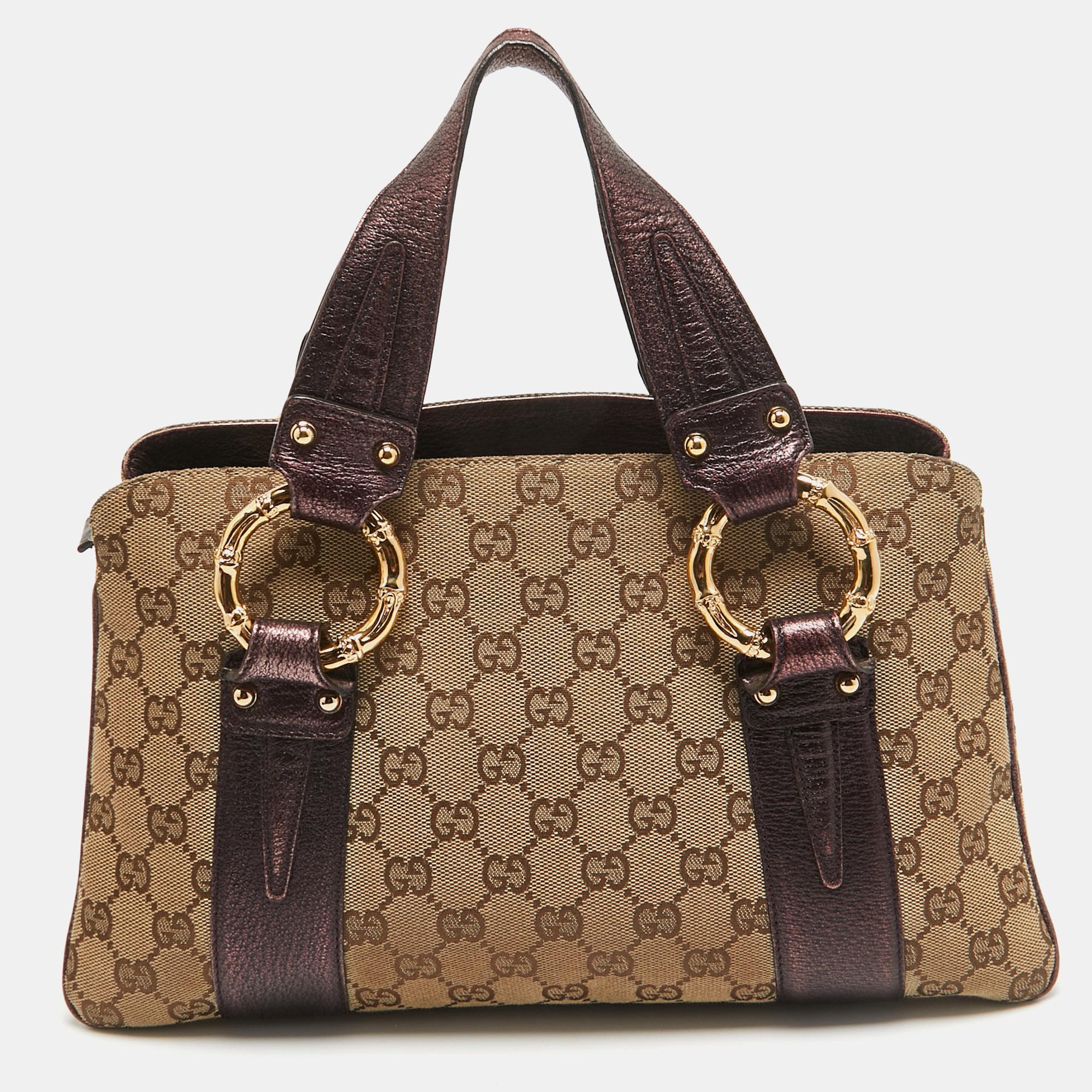 Women's Gucci Metallic Purple/Beige GG Canvas Metal Bamboo Ring Bag