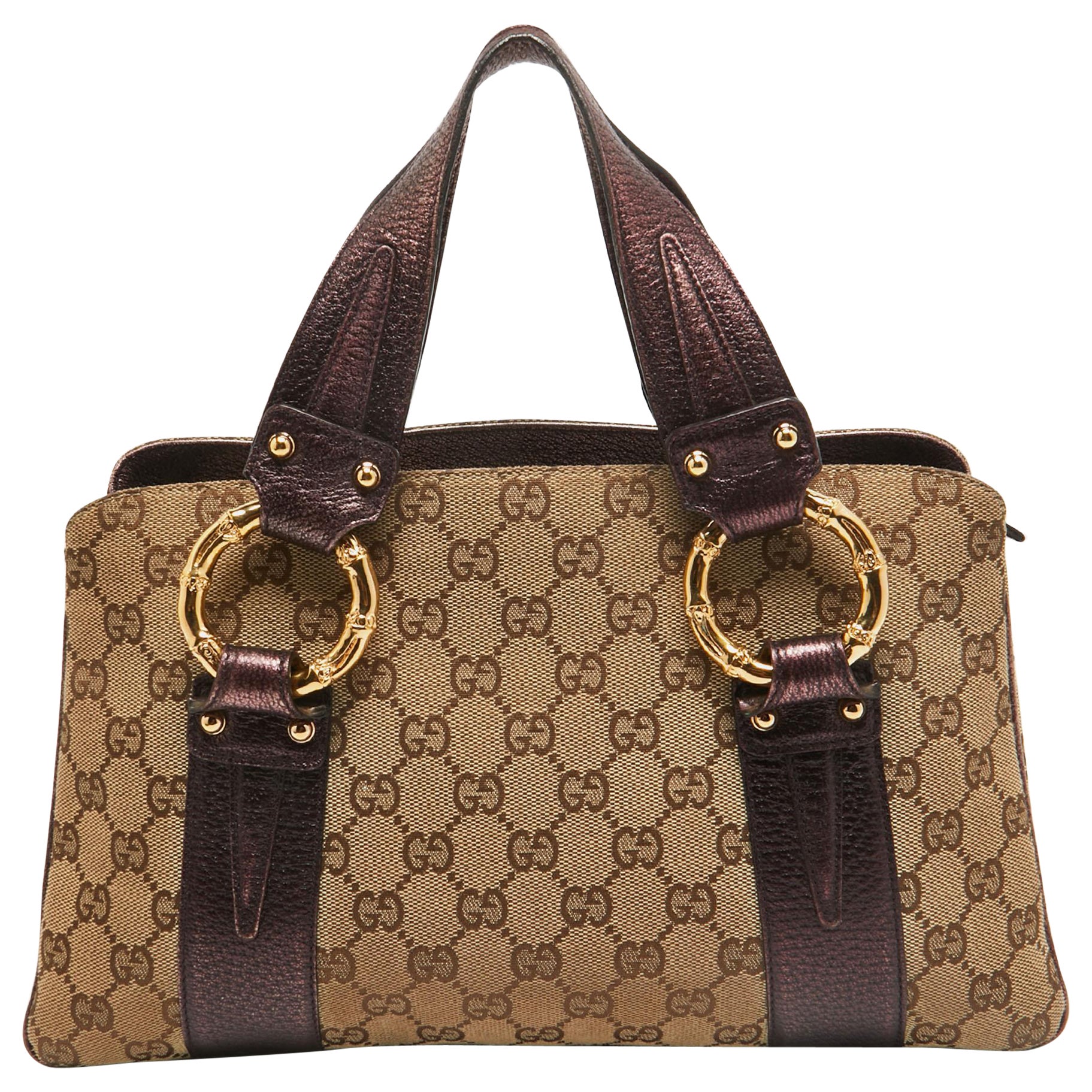 Gucci Metallic Purple/Beige GG Canvas Metal Bamboo Ring Bag
