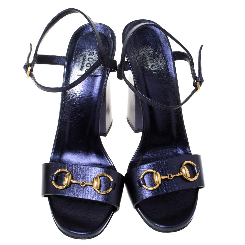 Black Gucci Metallic Purple Leather Claudie Horsebit Ankle Strap Sandals Size 40