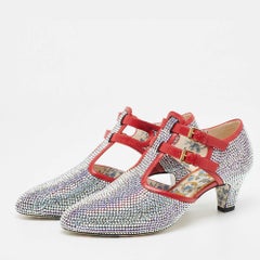Gucci Metallic/Red Crystal Embellished Fabric and Leather T-Bar Pumps Size 40.5