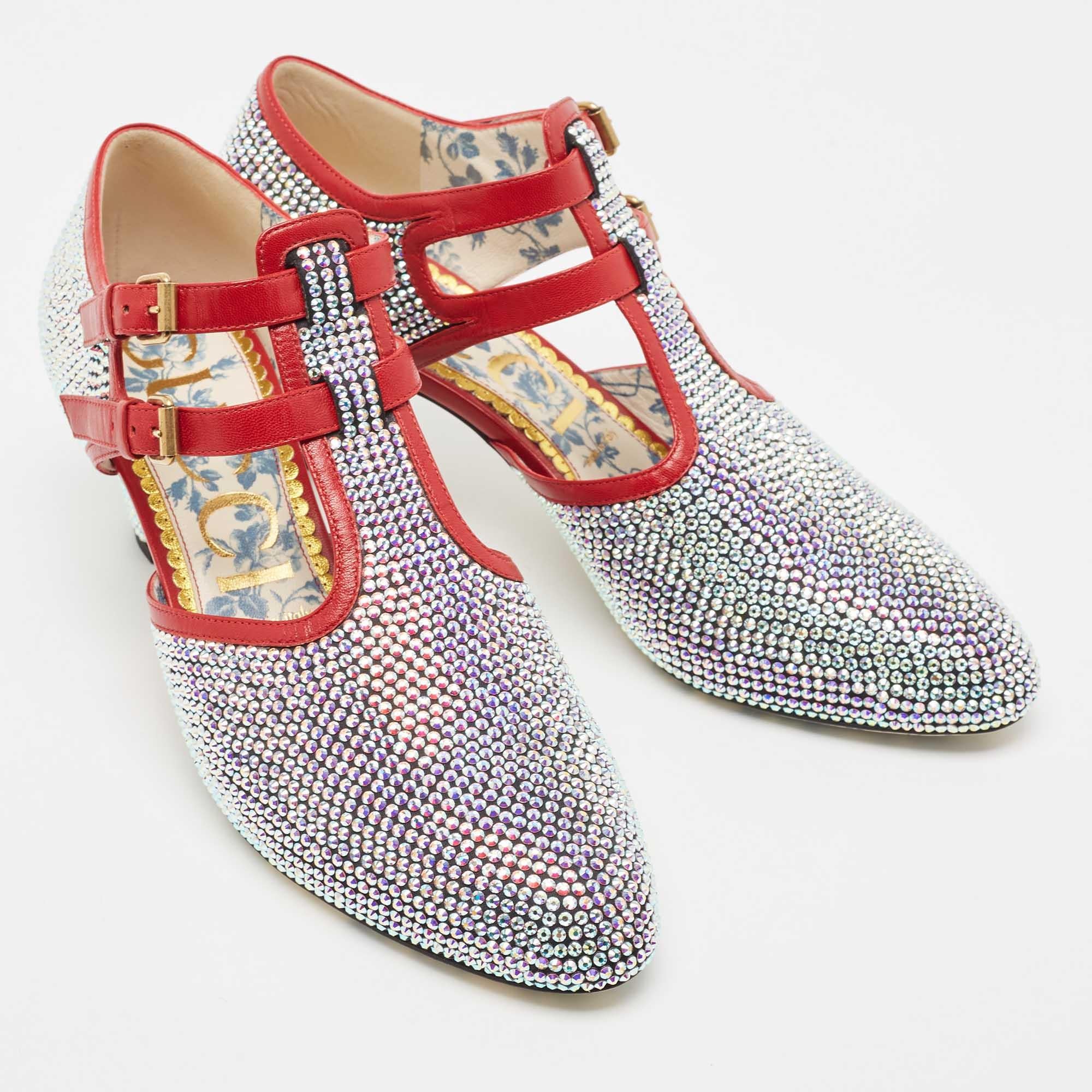 Gray Gucci Metallic/Red Crystal Embellished Fabric and Leather T-Bar Pumps Size 40.5 For Sale