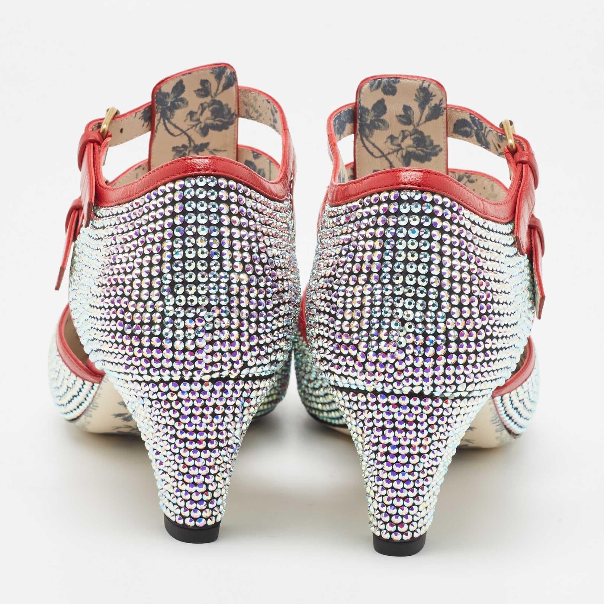 Women's Gucci Metallic/Red Crystal Embellished Fabric and Leather T-Bar Pumps Size 40.5 For Sale