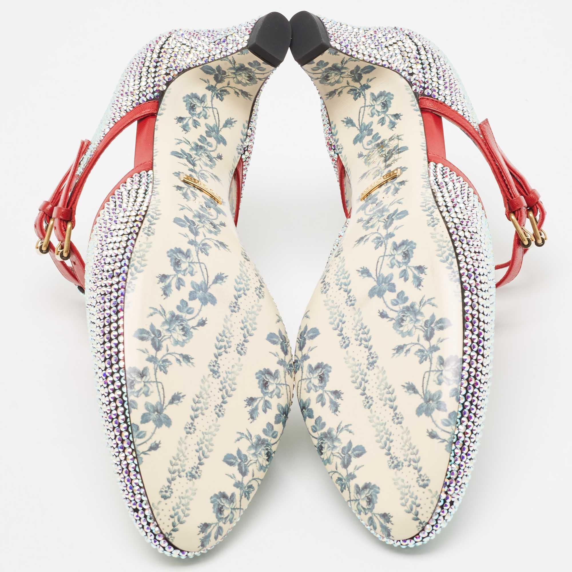Gucci Metallic/Red Crystal Embellished Fabric and Leather T-Bar Pumps Size 40.5 For Sale 1