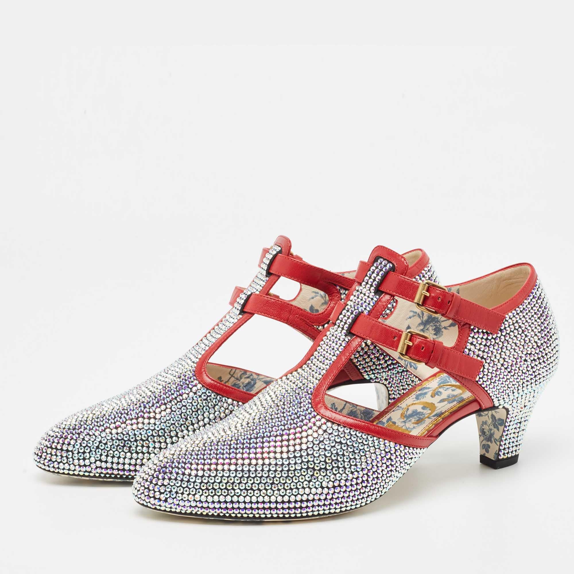 Gucci Metallic/Red Crystal Embellished Fabric and Leather T-Bar Pumps Size 40.5 For Sale 3