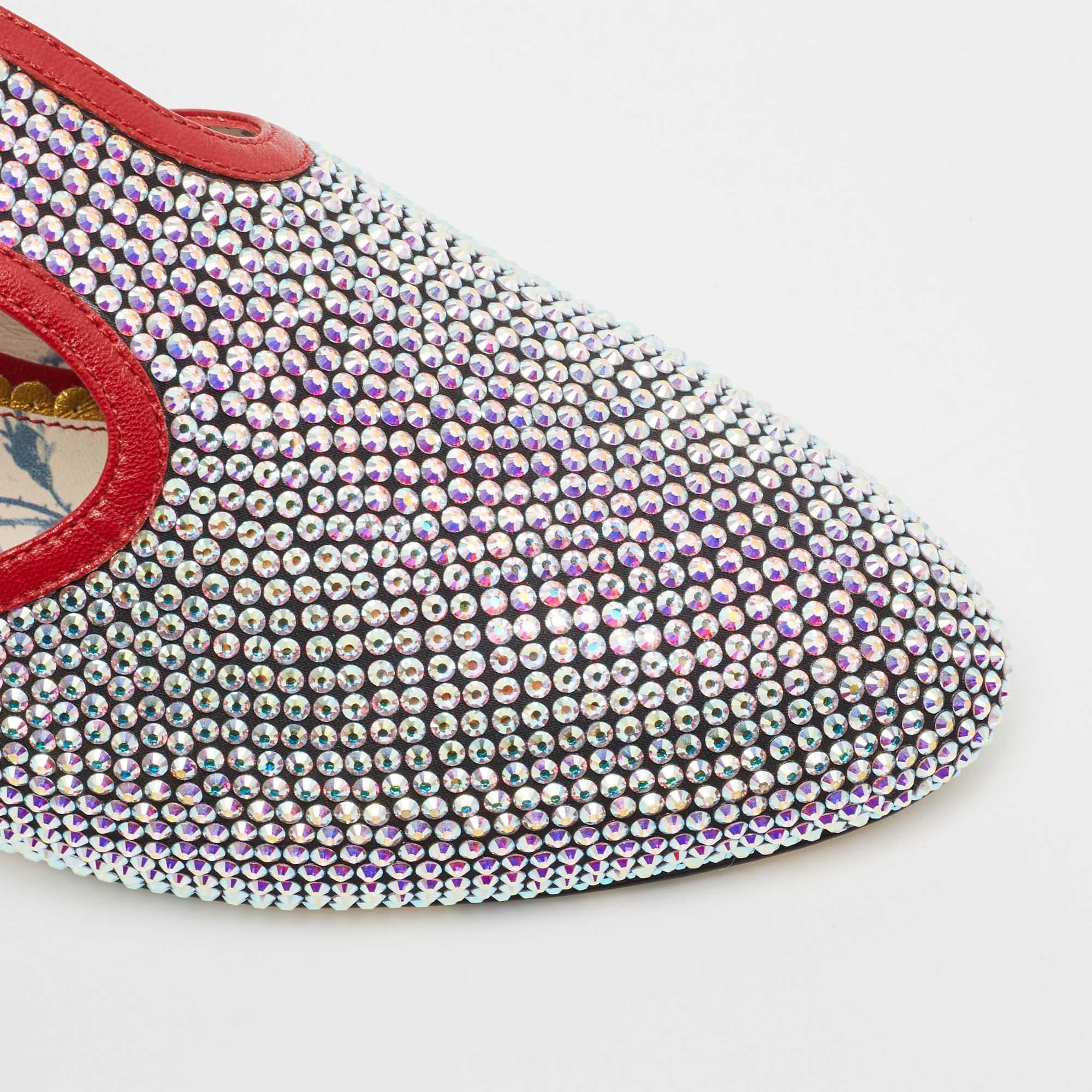 Gucci Metallic/Red Crystal Embellished Fabric and Leather T-Bar Pumps Size 40.5 For Sale 2
