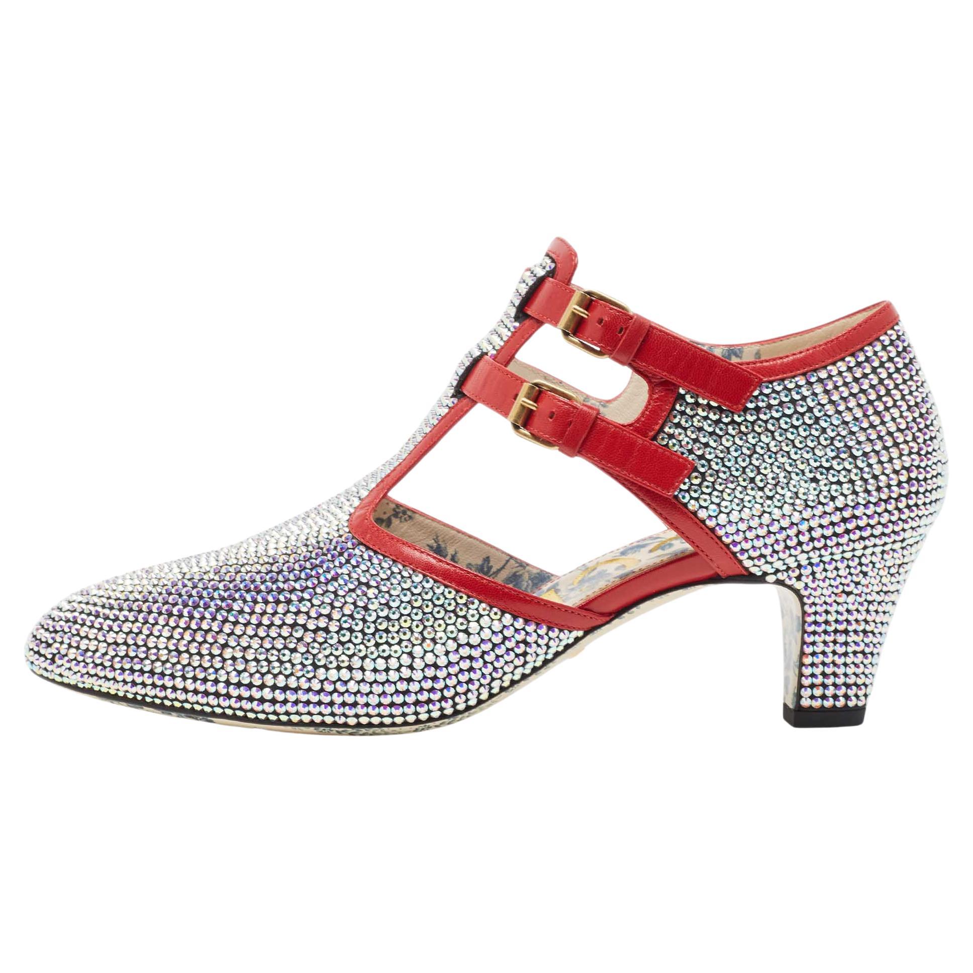Gucci Metallic/Red Crystal Embellished Fabric and Leather T-Bar Pumps Size 40.5 For Sale