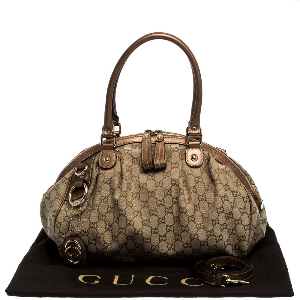 Gucci Metallic Rose Gold GG Canvas and Leather Medium Sukey Boston Bag 5