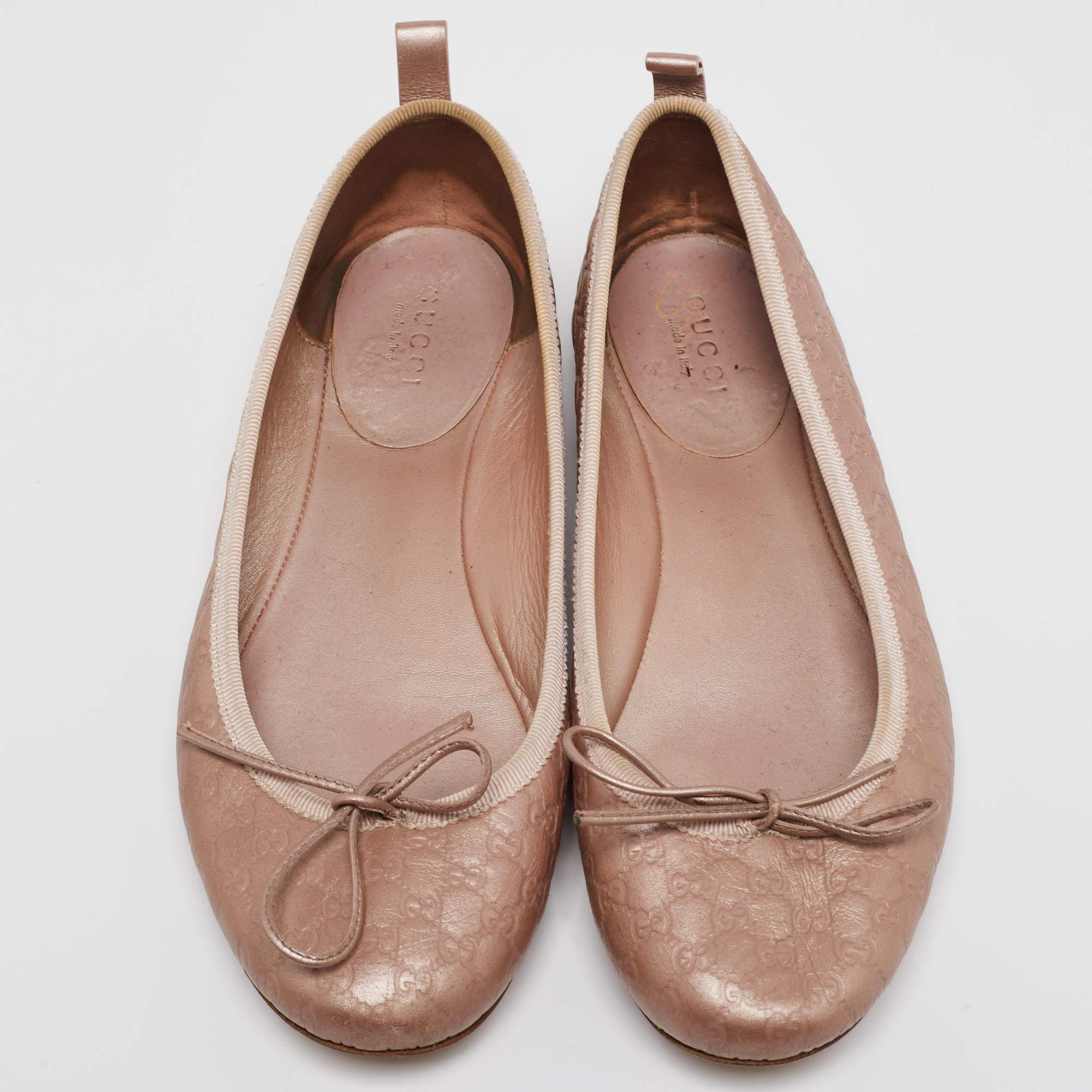 Brown Gucci Metallic Rose Gold  Guccissima  Leather Bow Detail Ballet Flats Size 35