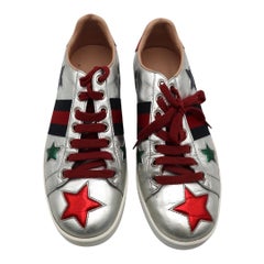 Gucci Metallic Silver Ace Sneakers with Stars & Web Stripe