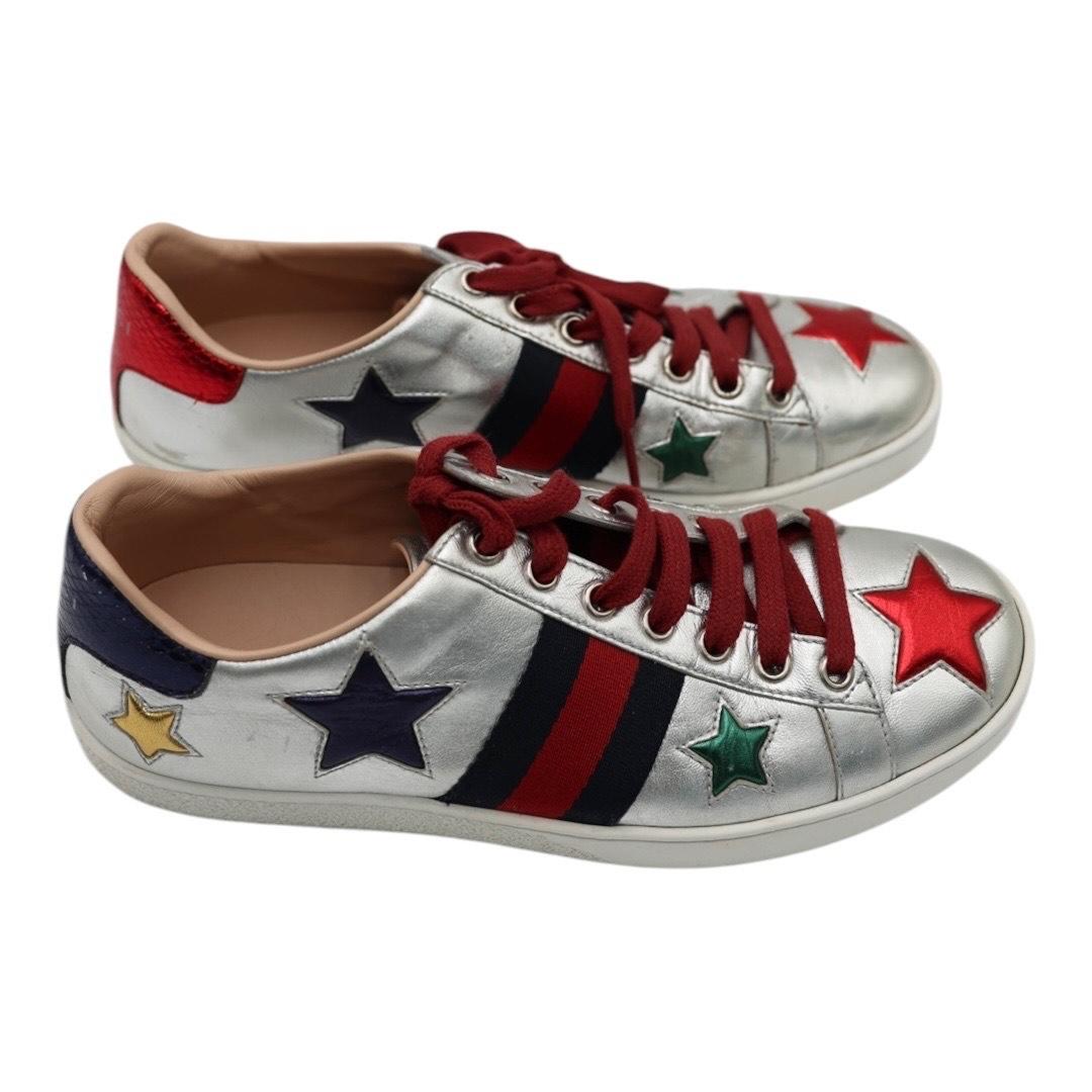 Brown Gucci Metallic Silver Ace Sneakers with Stars & Web Stripe For Sale