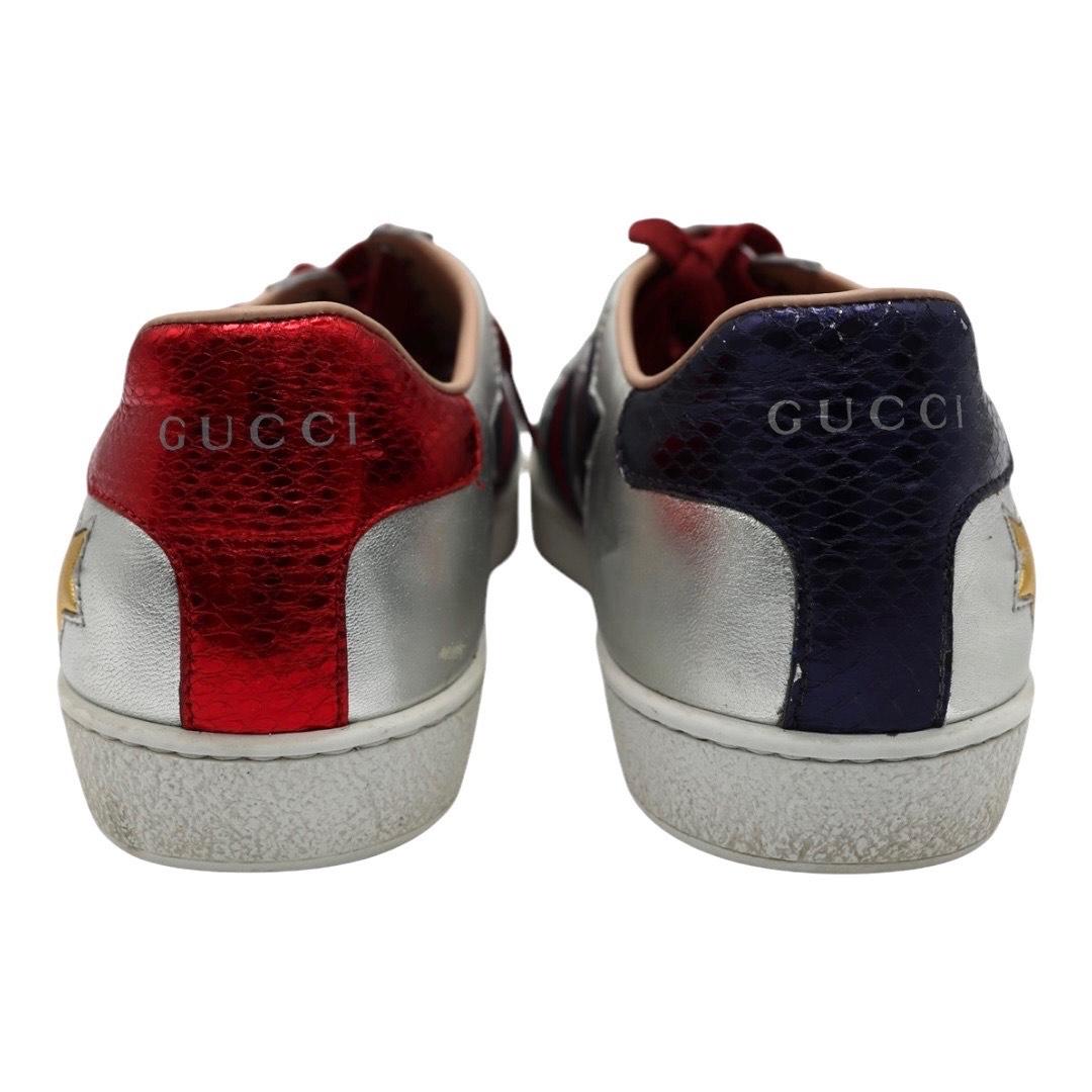 Women's Gucci Metallic Silver Ace Sneakers with Stars & Web Stripe For Sale