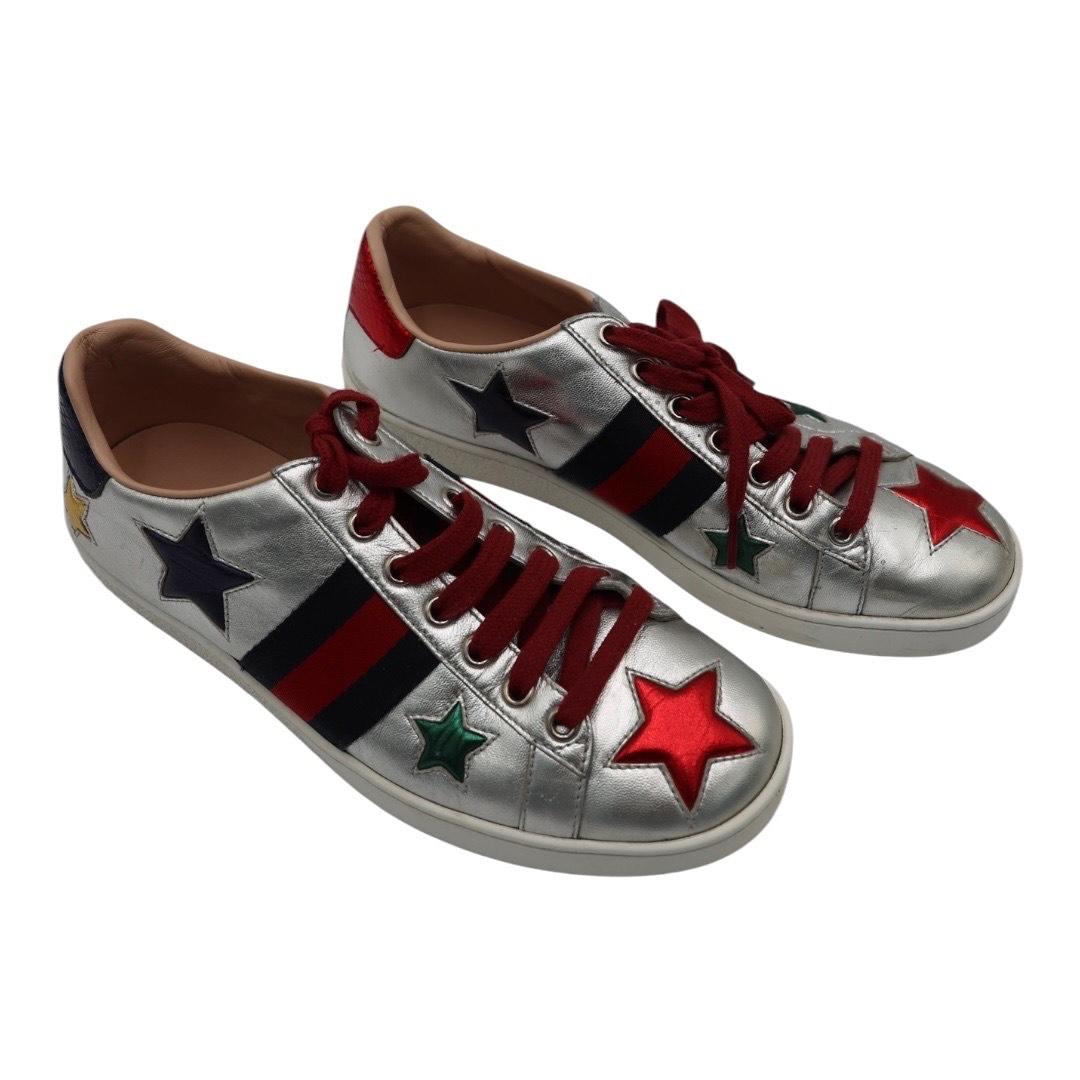 Gucci Metallic Silver Ace Sneakers with Stars & Web Stripe For Sale 1