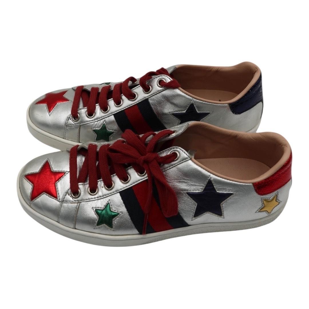 Gucci Metallic Silver Ace Sneakers with Stars & Web Stripe For Sale 2