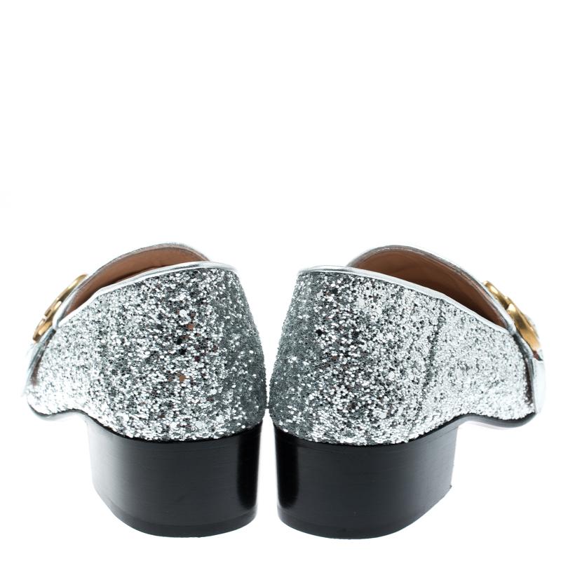 Gucci Metallic Silver Coarse Glitter Marmont Peyton Loafer Pumps Size 37 1