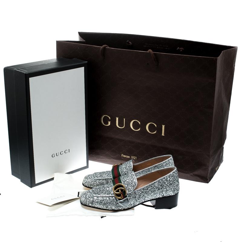 Gucci Metallic Silver Coarse Glitter Marmont Peyton Loafer Pumps Size 37 2