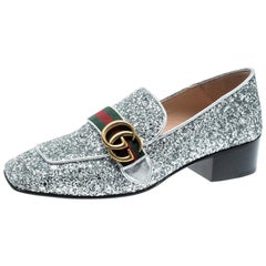 Gucci Metallic Silver Coarse Glitter Marmont Peyton Loafer Pumps Size 37