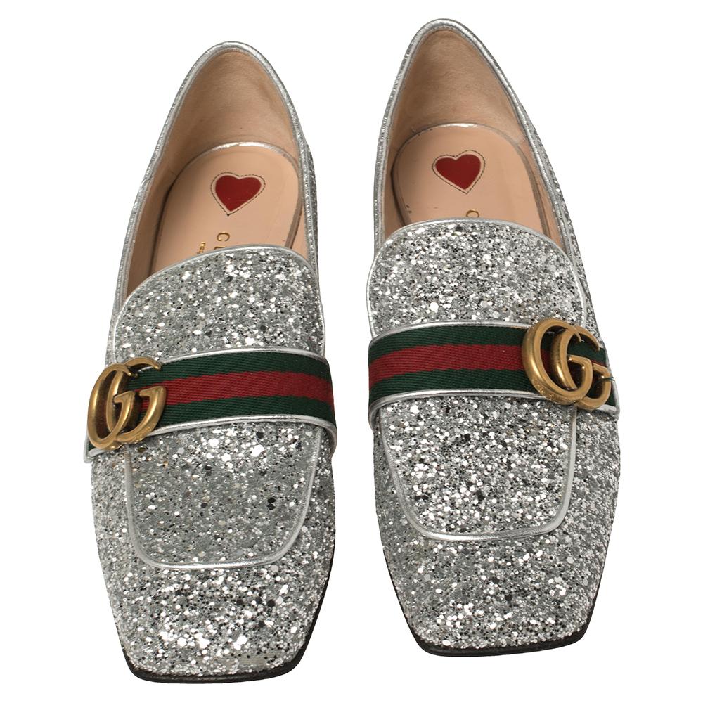 Gucci Metallic Silber Grob Glitter Marmont Peyton Loafer Pumps Größe 37.5 Damen
