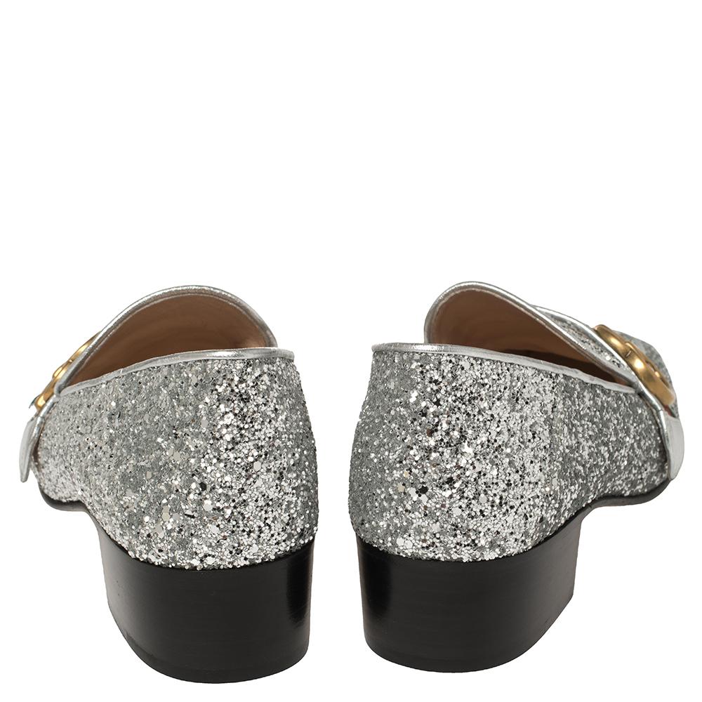 Gucci Metallic Silber Grob Glitter Marmont Peyton Loafer Pumps Größe 37.5 2