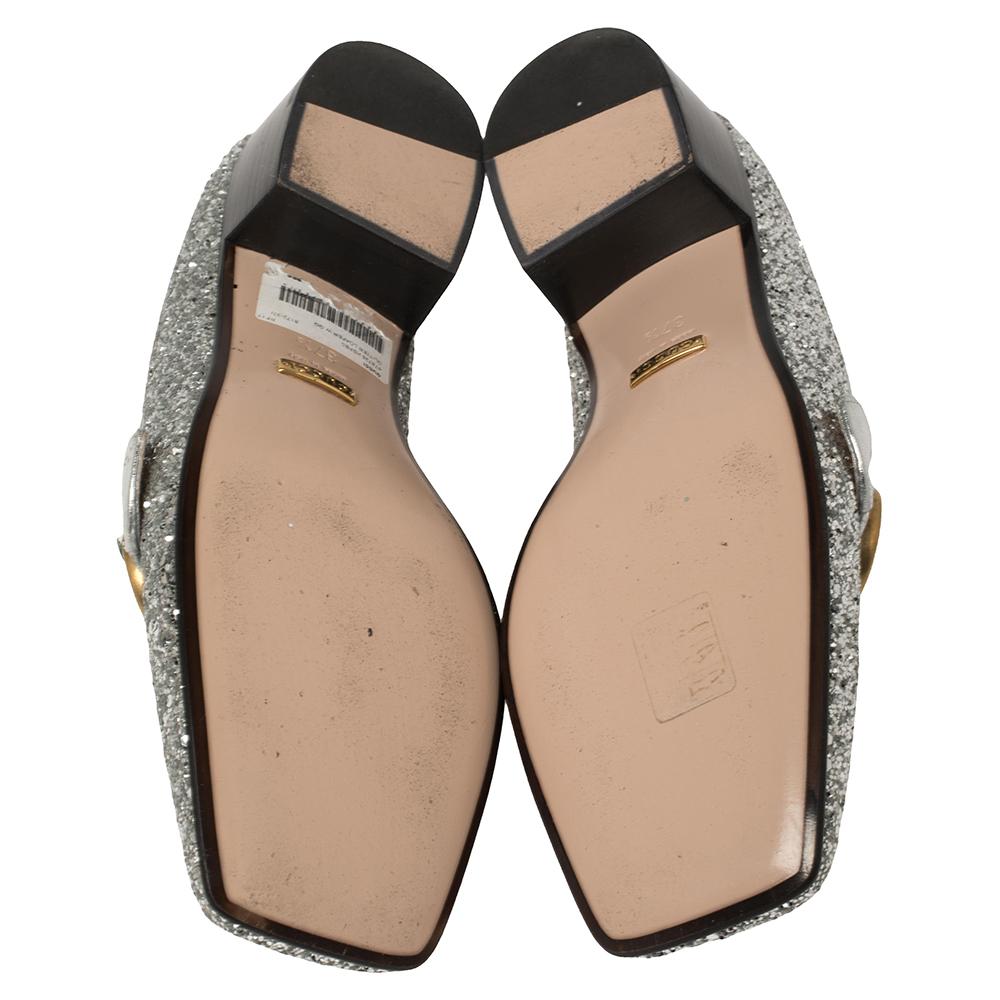 Women's Gucci Metallic Silver Coarse Glitter Marmont Peyton Loafer Pumps Size 37.5