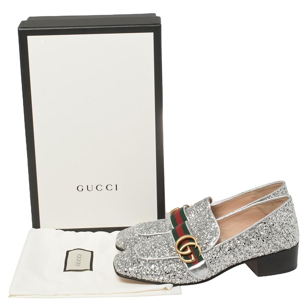 Gucci Metallic Silver Coarse Glitter Marmont Peyton Loafer Pumps Size 37.5 1