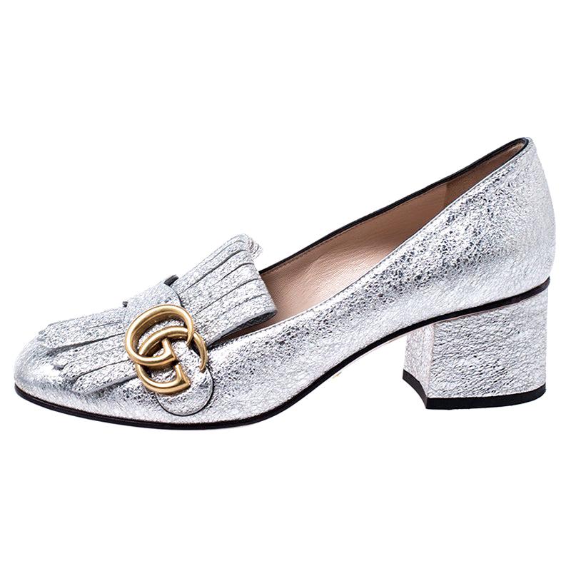 Gucci Metallic Silver Foil Leather GG Marmont Fringe Detail Block Heel ...