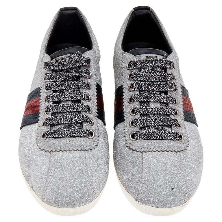 Gucci Metallic Silver Glitter Bambi Web Detail Studded Low Top Sneakers ...