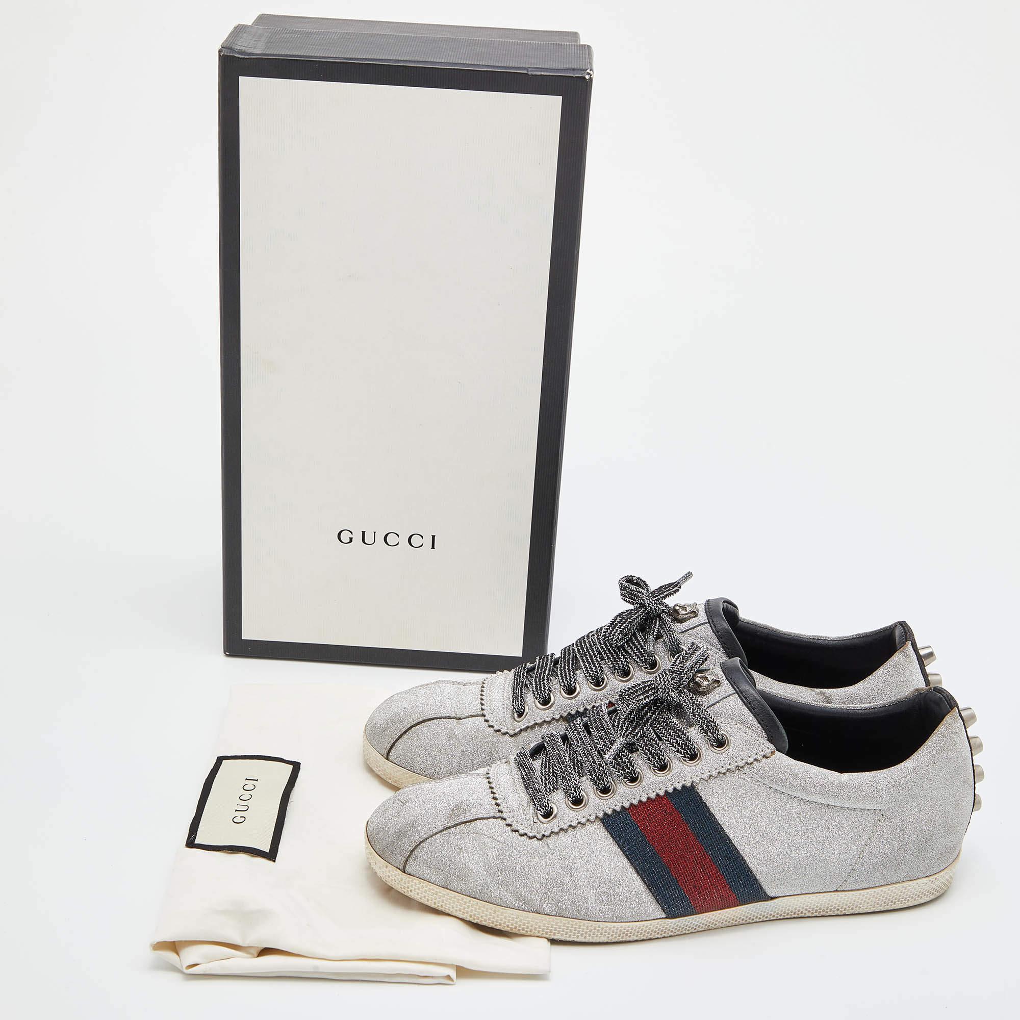 Gucci Metallic Silver Glitter Bambi Web Detail Studded Low Top Sneakers Size 38 For Sale 5