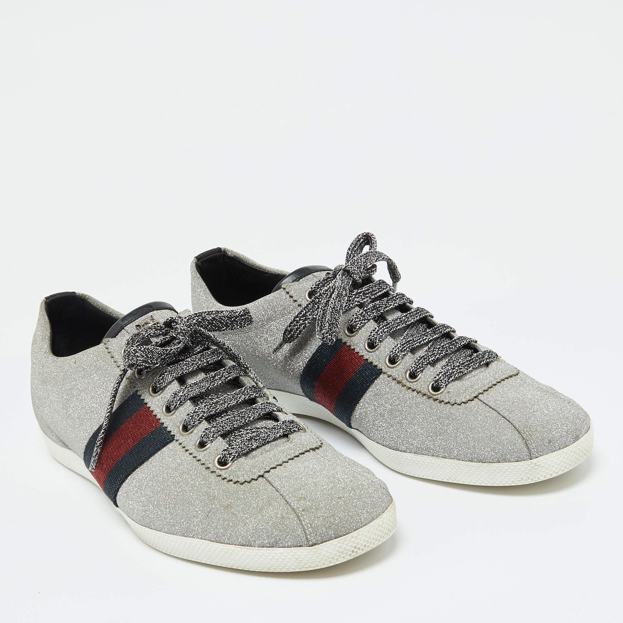 Gucci Metallic Silber Glitter Bambi Web Detail Nieten Low Top Turnschuhe Größe 43 Herren