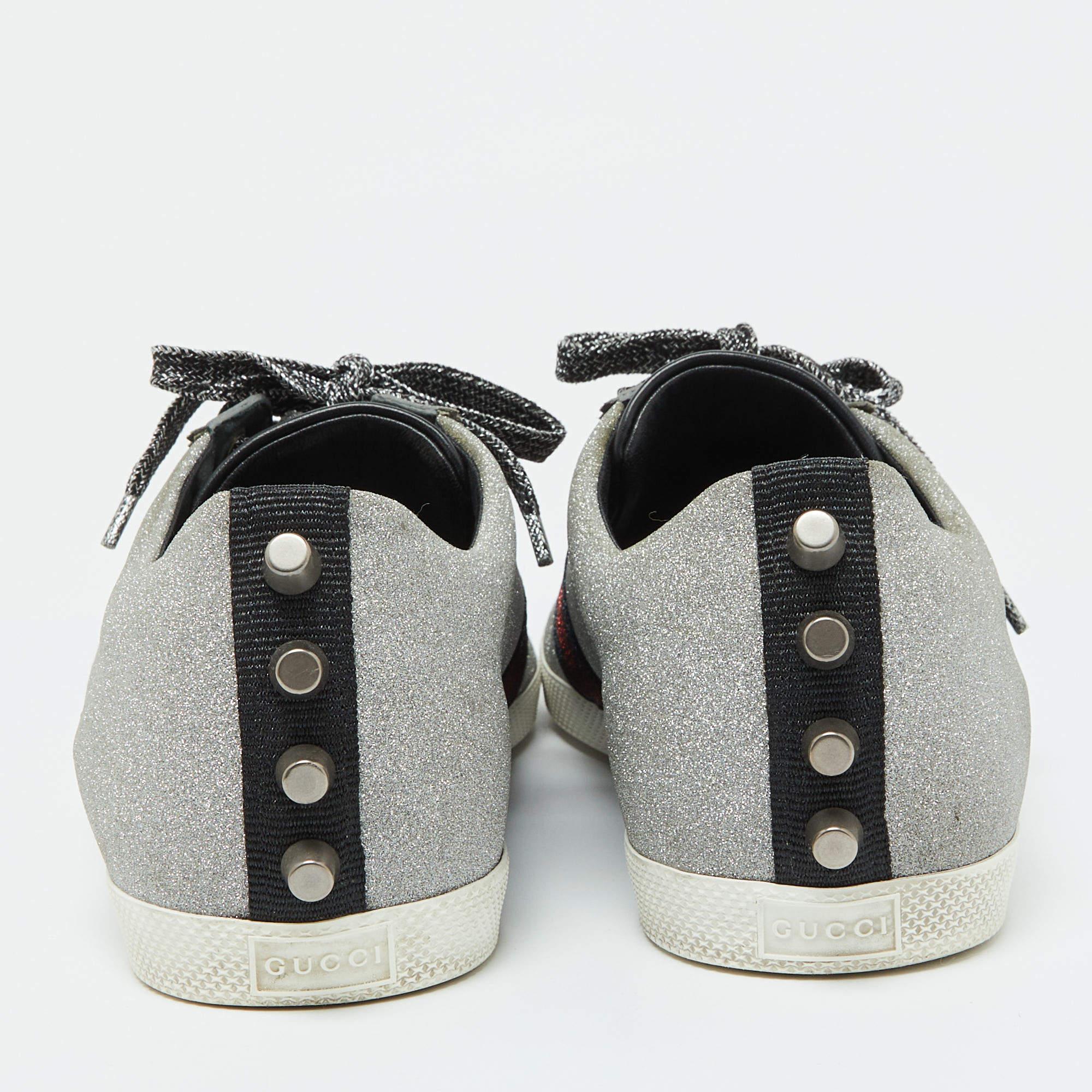 Gucci Metallic Silber Glitter Bambi Web Detail Nieten Low Top Turnschuhe Größe 43 1
