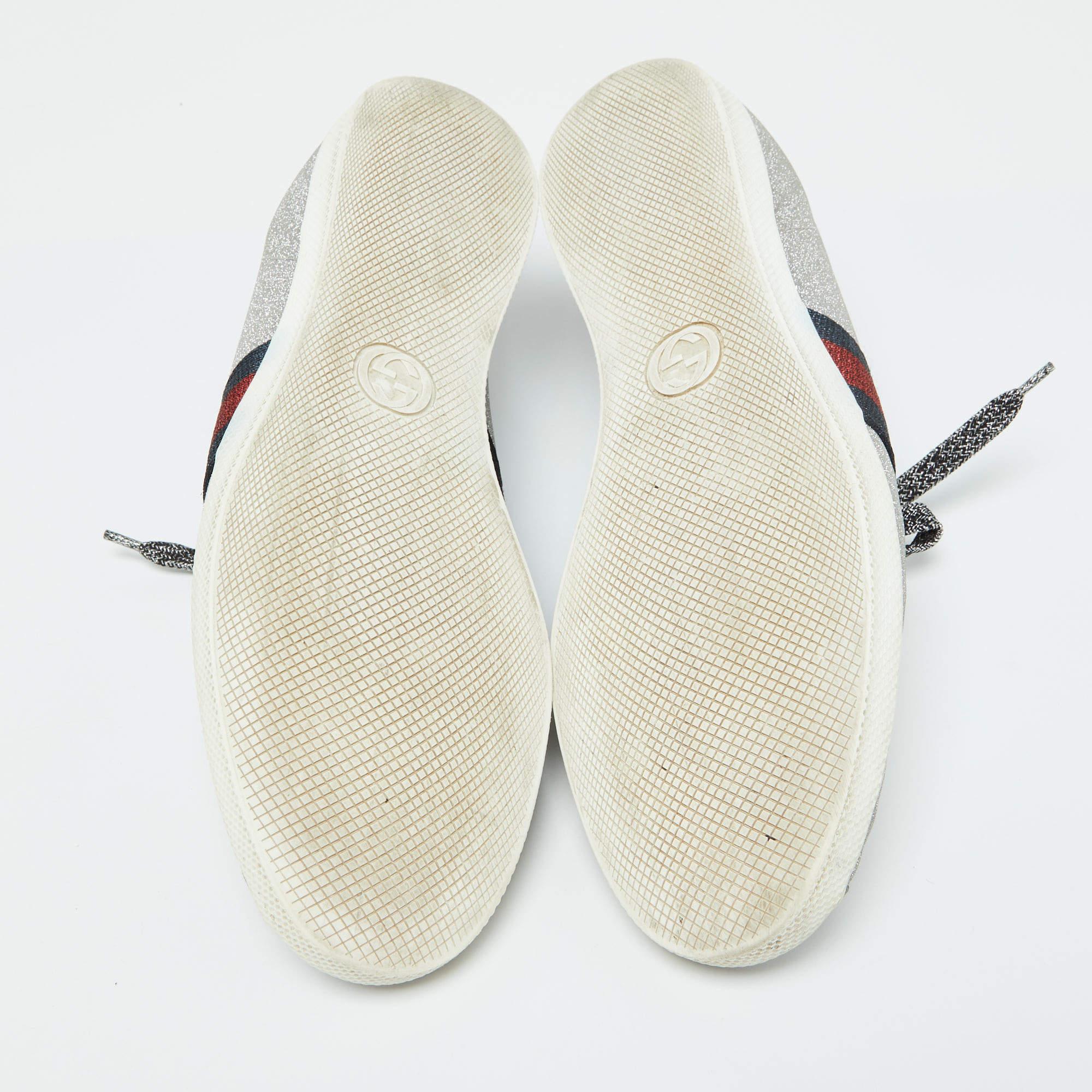 Gucci Metallic Silber Glitter Bambi Web Detail Nieten Low Top Turnschuhe Größe 43 2