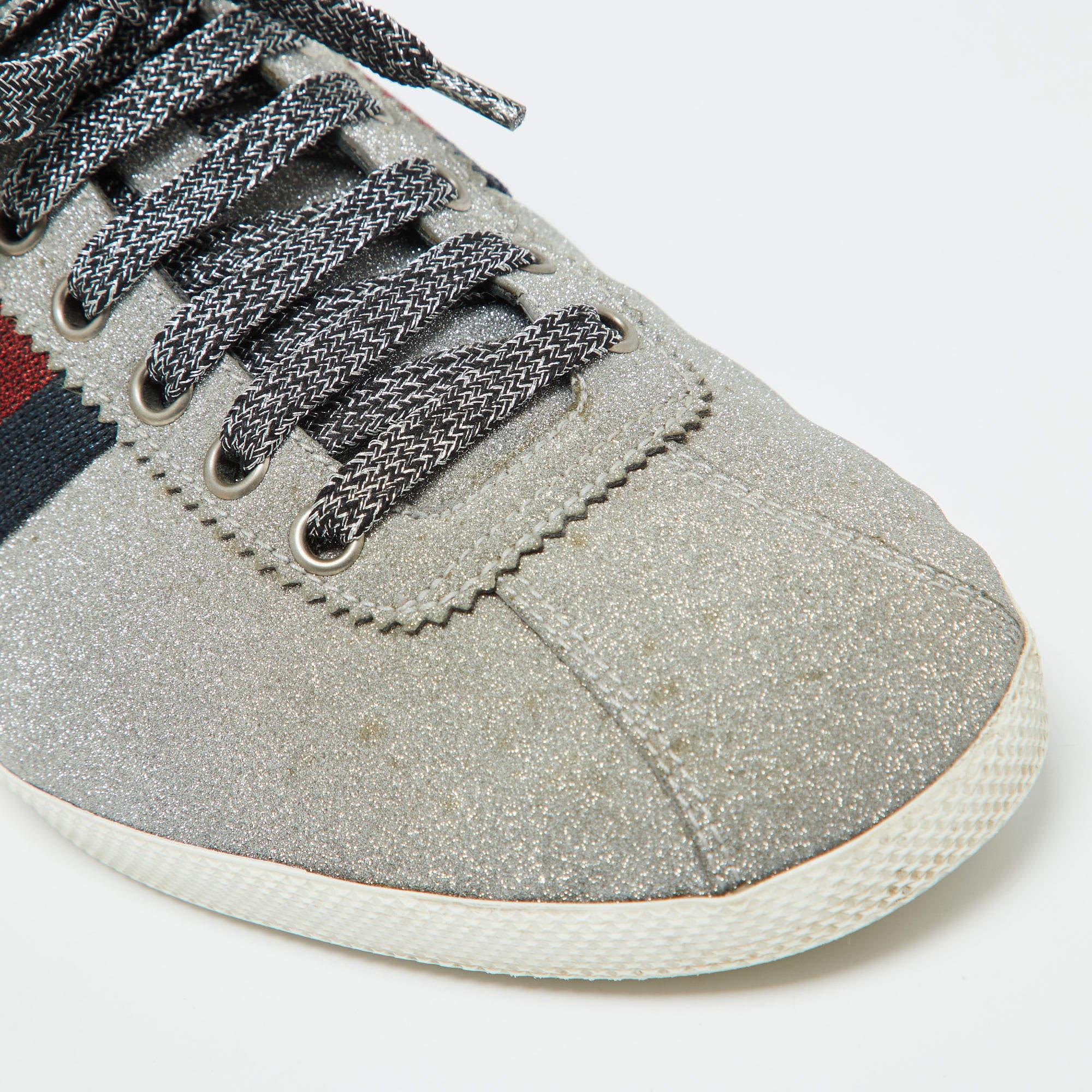 Gucci Metallic Silber Glitter Bambi Web Detail Nieten Low Top Turnschuhe Größe 43 3