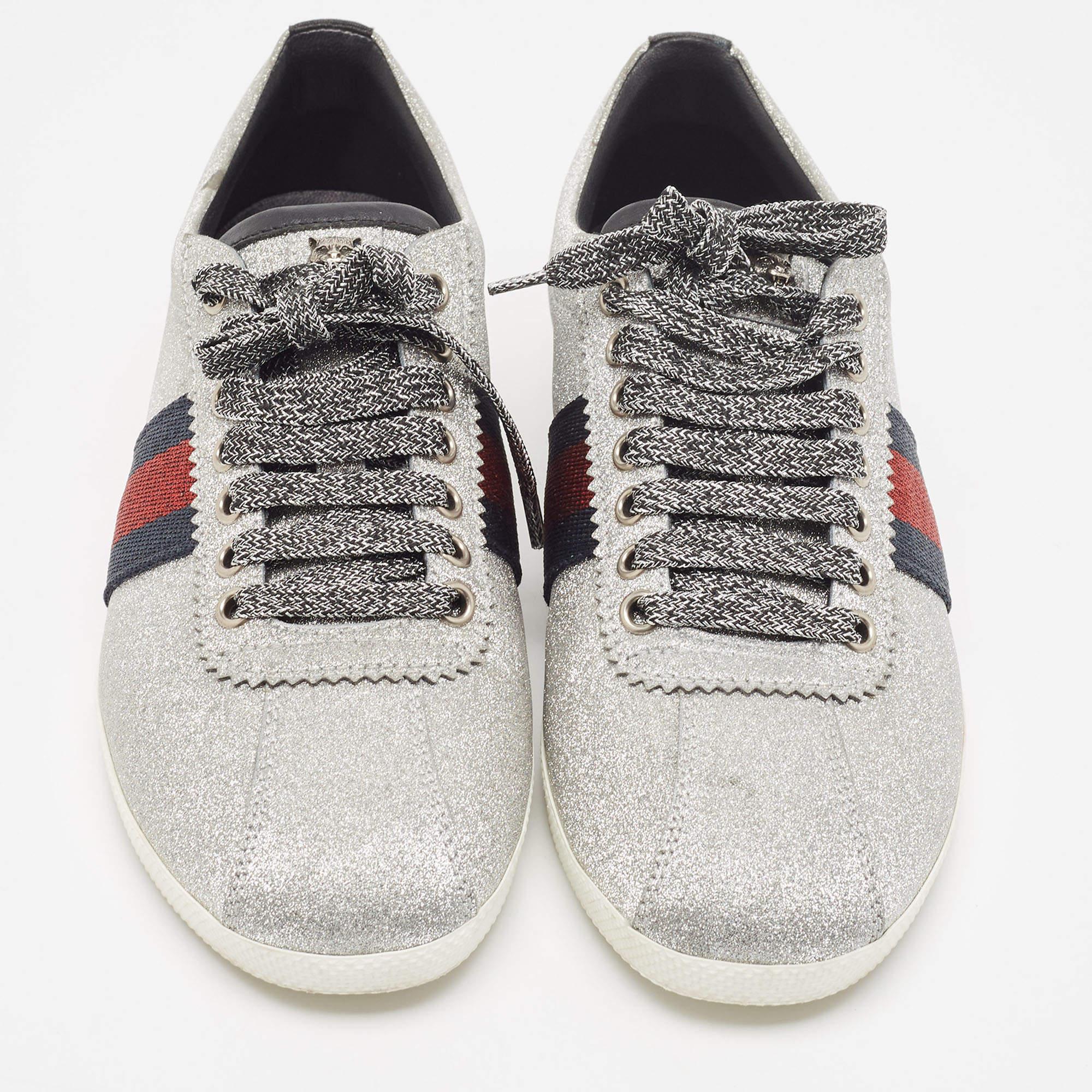 Gucci Metallic Silver Glitter Web Bambi Sneakers Size 38 For Sale 3