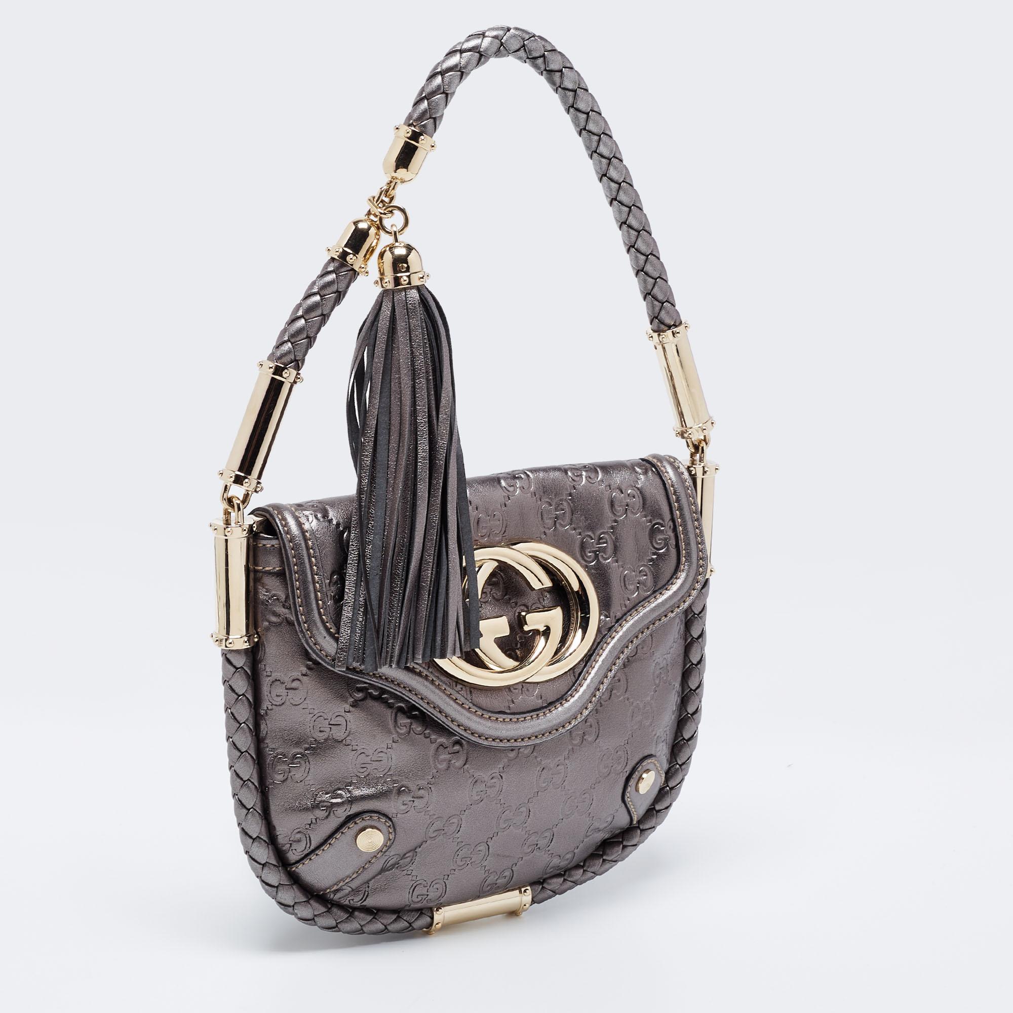 Women's Gucci Metallic Silver Guccissima Leather Small Britt Shoulder Bag