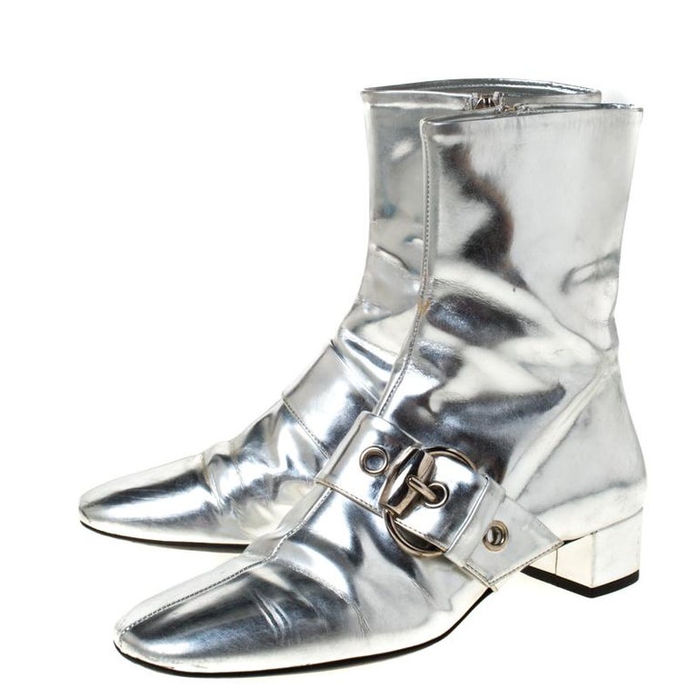 Gucci Metallic Silver Leather Buckle Detail Ankle Boots Size 37 at ...