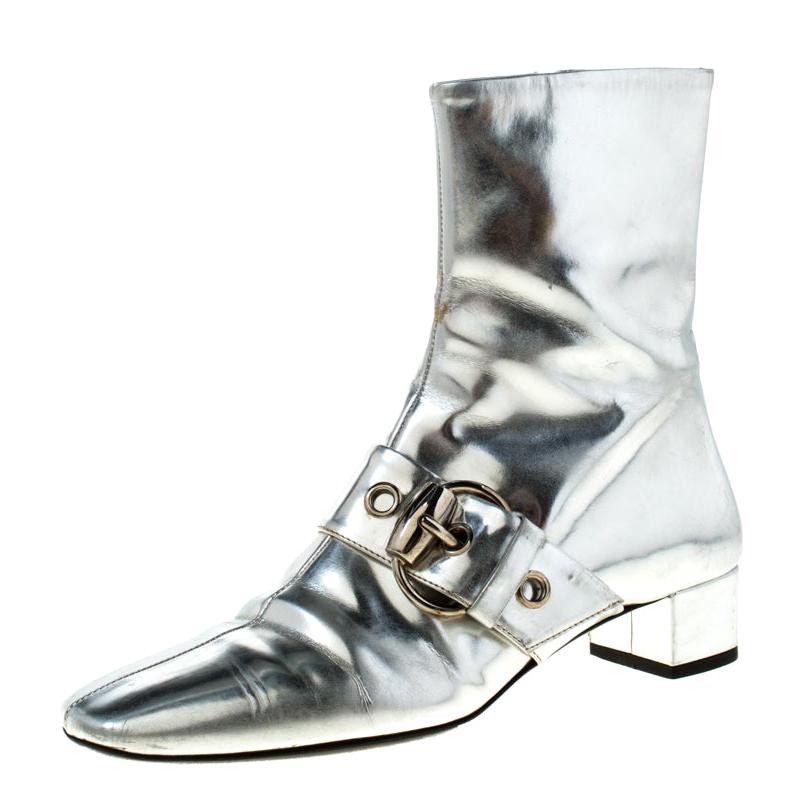 Gucci Metallic Silver Leather Buckle Detail Ankle Boots Size 37 at ...