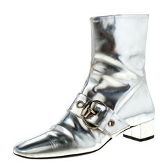 Gucci Metallic Silver Leather Buckle Detail Ankle Boots Size 37