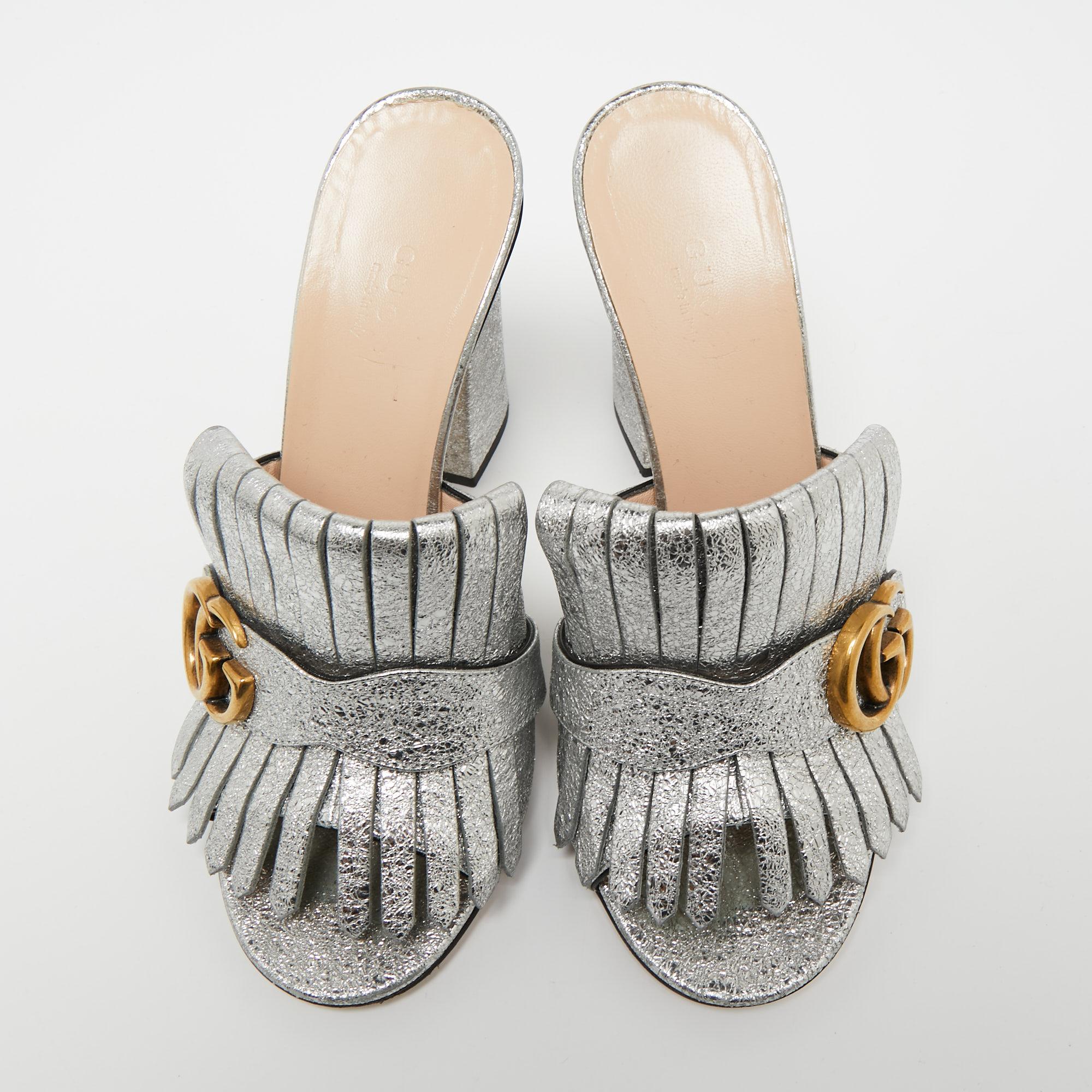 Gucci silver cheap marmont mules