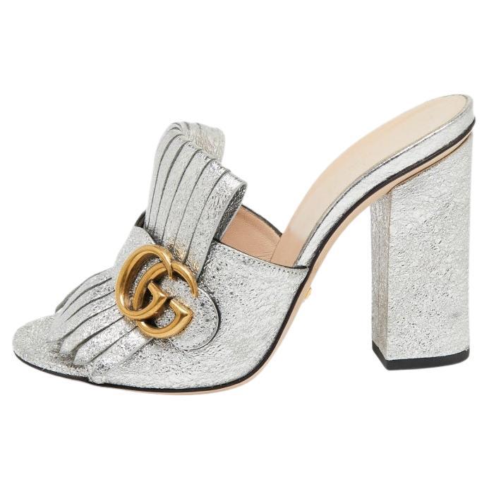 Gucci Metallic Silver Leather GG Marmont Fringe Mules Sandals Size 36.5