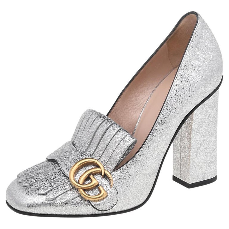 Gucci Metallic Silver Leather GG Marmont Pumps Size 37.5 at 1stDibs | silver  gucci heels