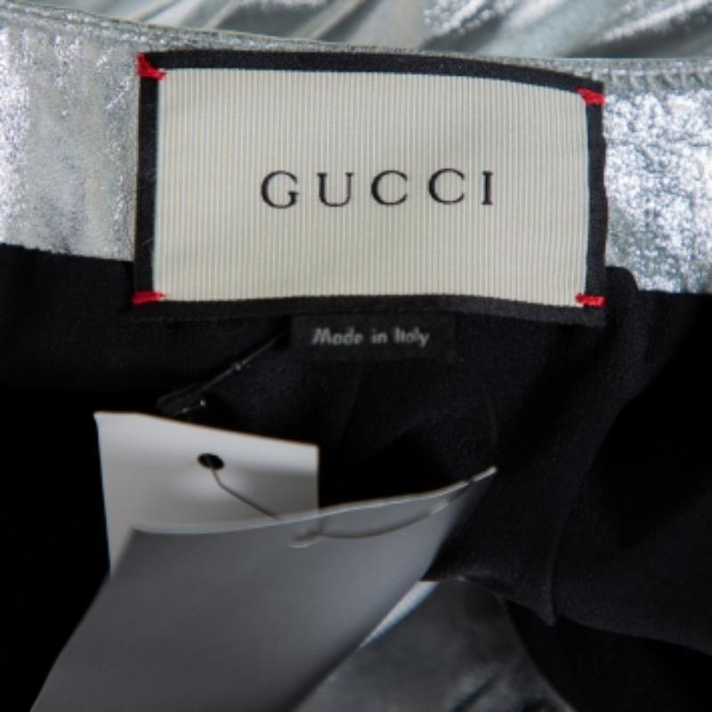 Gucci Metallic Silver Leather Pleated Midi Skirt S For Sale 6